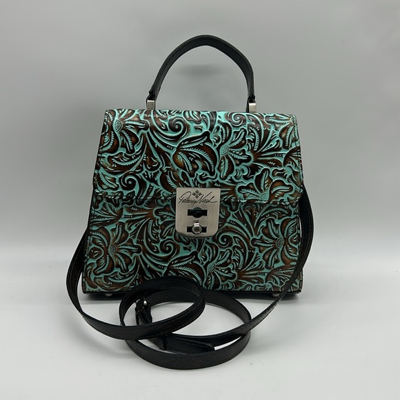 2439- Patricia Nash Embossed Leather Top Handle Crossbody Bag Turquoise Tooled - Picture 10 of 12